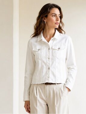 Marc Cain NWT White Denim Jacket Raw Hem Embroidered Pockets Sz 1 US Sz S